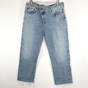 Agolde High Rise Criss Cross Asymmetrical Button Straight Leg Light Wash Jeans M